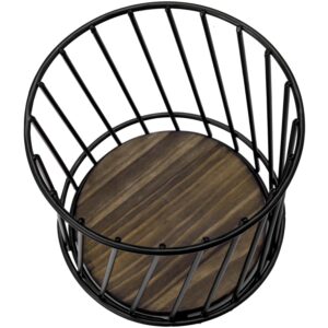 MyGift Modern Wire Utensil Holder, Decorative Matte Black Metal Kitchen Utensils Crock with Rustic Burnt Solid Wood Base, Countertop Round Basket Style Cooking Tools Holder