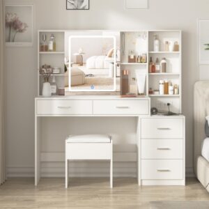 fameill vanity desk with mirror and lights, white vanity table with 3 color lighting, makeup vanity desk with charging station, 5 drawer storage, 5 hooks, hidden and open shelves