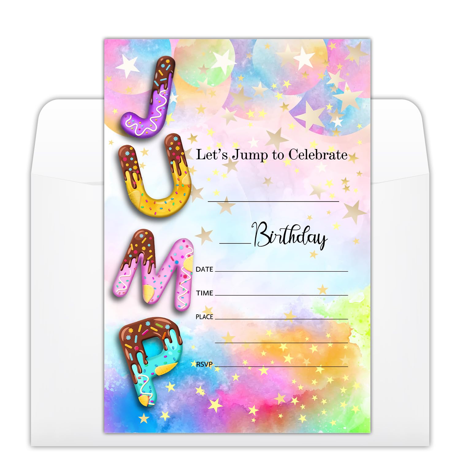 YUEXLL Jumping Birthday Party Invitations Cards with Envelopes, Candy Chocolate Pink Stars Party Invitations, Birthday Celebration Supplies, Double-sided Fill-in bday Invites for Boys Girls- A22