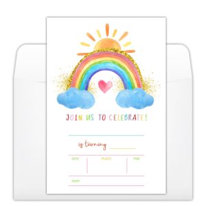 YUEXLL Boho Rainbow Birthday Party Invitations Cards with Envelopes, Sunshine Rainbow Party Invitations, Birthday Celebration Supplies, Double-sided Fill-in bday Invites for Boys Girls- A30