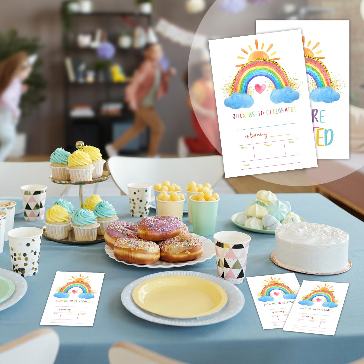 YUEXLL Boho Rainbow Birthday Party Invitations Cards with Envelopes, Sunshine Rainbow Party Invitations, Birthday Celebration Supplies, Double-sided Fill-in bday Invites for Boys Girls- A30