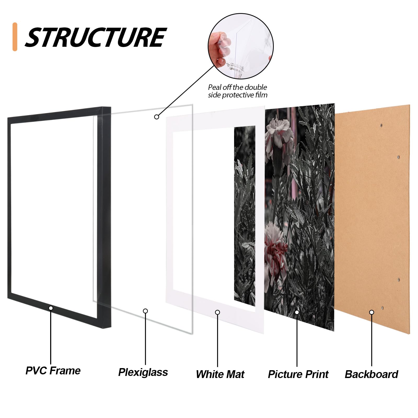 Fixwal 11x14 Black Picture Frame Set of 4, Display 8 x 10 Picture with Mat or 11 x 14 with Out Mat for Wall Hanging Display