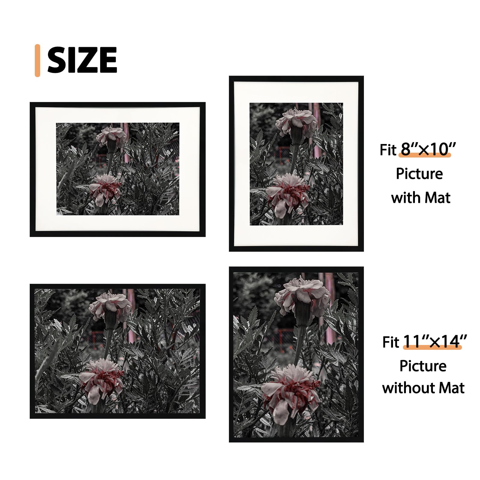 Fixwal 11x14 Black Picture Frame Set of 4, Display 8 x 10 Picture with Mat or 11 x 14 with Out Mat for Wall Hanging Display