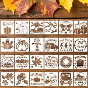 24pcs fall stencils, 3x3inch small fall sign stencils reusable fall stencils for painting on wood autumn templates for thanksgiving diy crafts on wood canvas fabric wall home decor