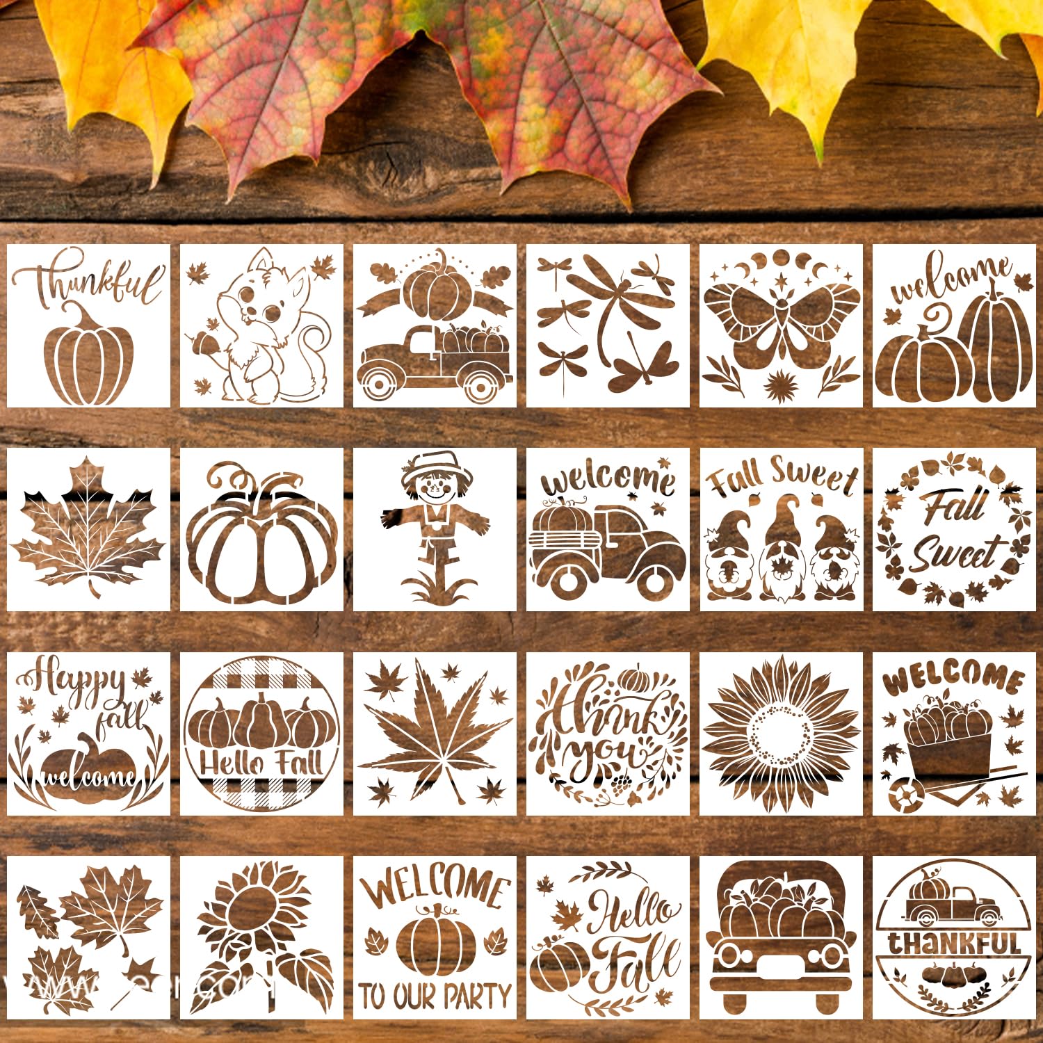 24pcs Fall Stencils, 3x3inch Small Fall Sign Stencils Reusable Fall Stencils for Painting on Wood Autumn Templates for Thanksgiving DIY Crafts on Wood Canvas Fabric Wall Home Decor