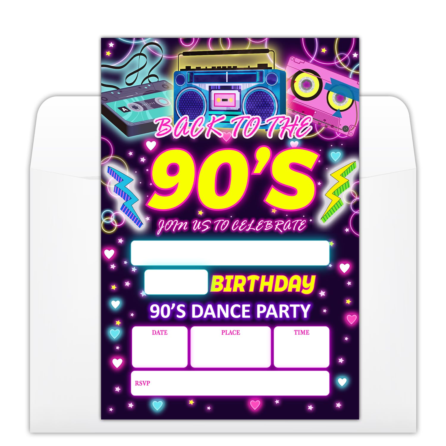 YUEXLL 90's Birthday Party Invitations Cards with Envelopes, Back to the 90's Party Invitations, Neon Birthday Celebration Supplies, Double-sided Fill-in bday Invites for Boys Girls- A18