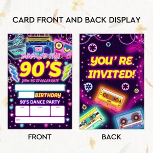 YUEXLL 90's Birthday Party Invitations Cards with Envelopes, Back to the 90's Party Invitations, Neon Birthday Celebration Supplies, Double-sided Fill-in bday Invites for Boys Girls- A18