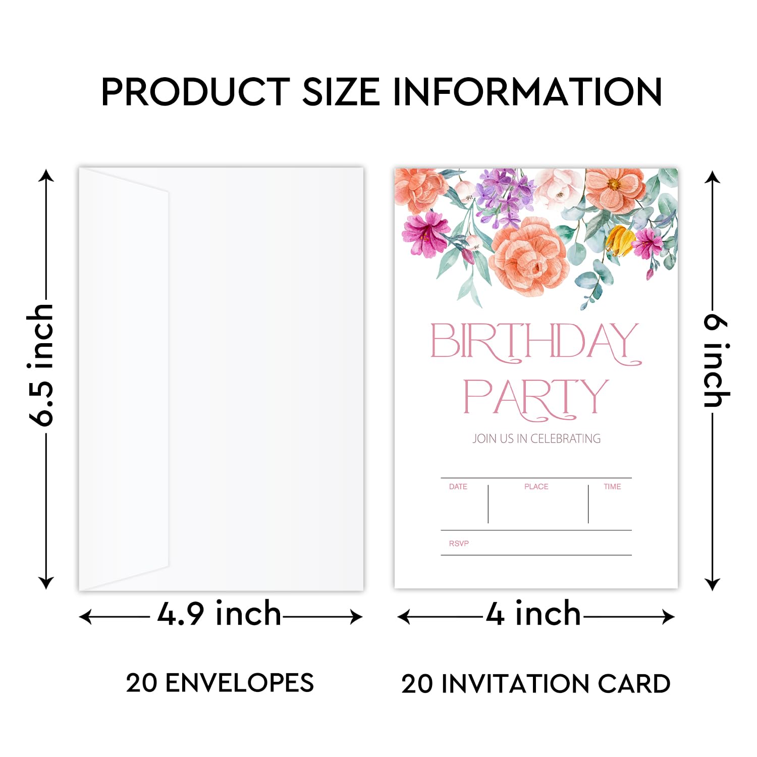 YUEXLL Floral Birthday Party Invitations Cards with Envelopes, Rose Floral Party Invitations, Birthday Celebration Supplies, Double-sided Fill-in bday Invites for Boys Girls- A31