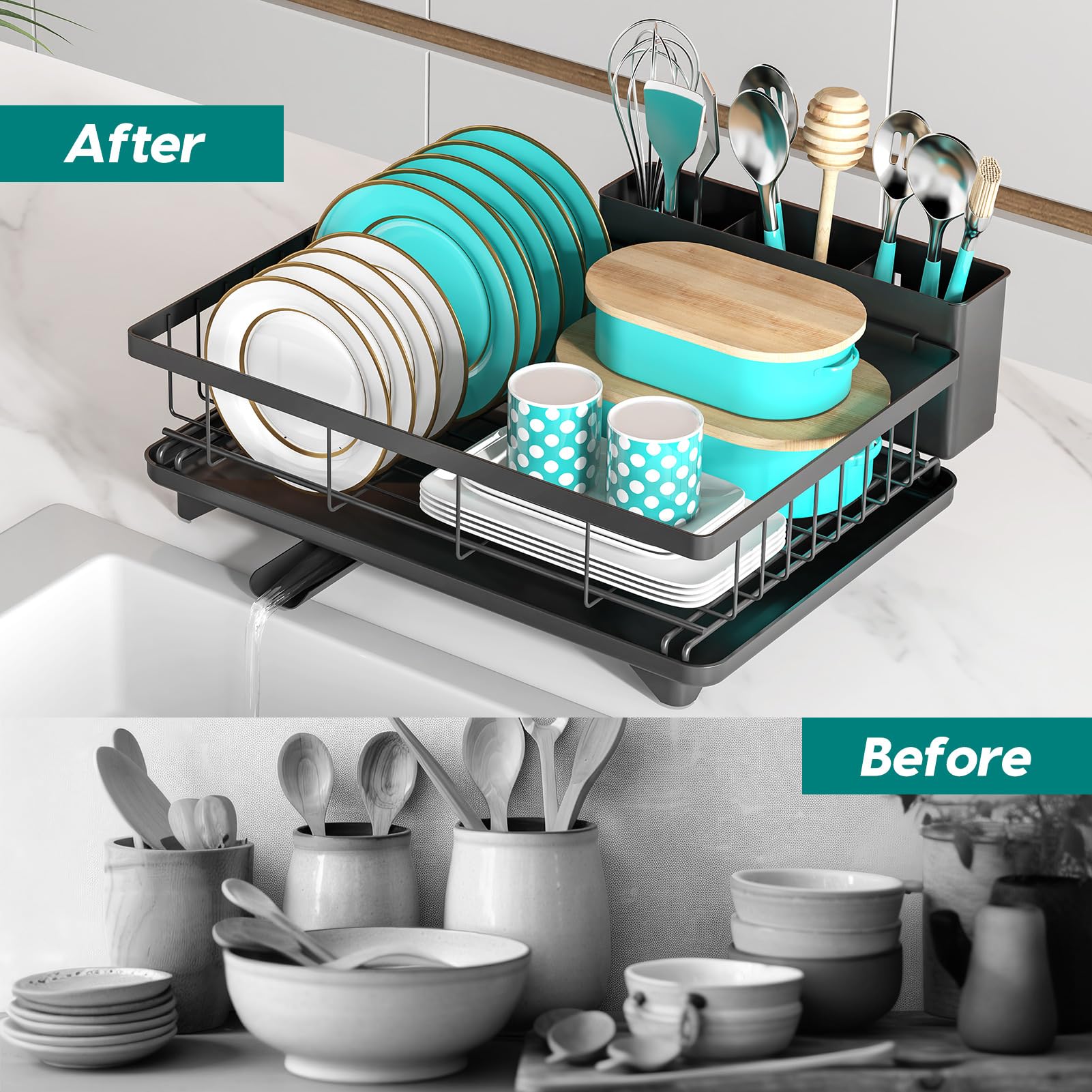 MERRYBOX Dish Drying Rack Dish Racks for Kitchen Counter Sink with Drainboard Black Rustproof Drying Rack Kitchen Dish Drainer with Widened Leak-Proof Spout, Large 3-Compartment Utensil Holder