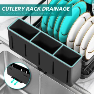 MERRYBOX Dish Drying Rack Dish Racks for Kitchen Counter Sink with Drainboard Black Rustproof Drying Rack Kitchen Dish Drainer with Widened Leak-Proof Spout, Large 3-Compartment Utensil Holder