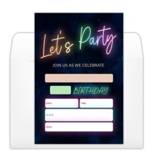 yuexll neon let's party birthday party invitations cards with envelopes, neon glow party invitations, birthday celebration supplies, double-sided fill-in bday invites for boys girls- a17