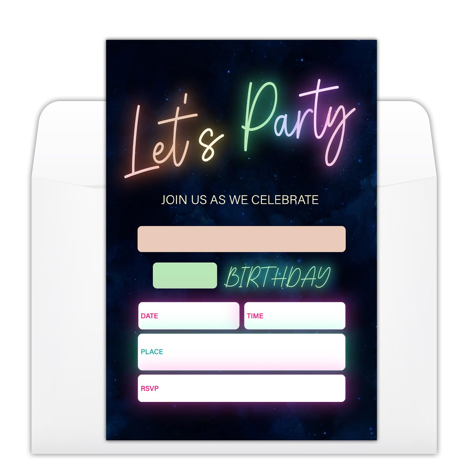 YUEXLL Neon Let's Party Birthday Party Invitations Cards with Envelopes, Neon Glow Party Invitations, Birthday Celebration Supplies, Double-sided Fill-in bday Invites for Boys Girls- A17