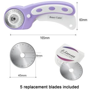 45mm Rotary Cutter for Fabric, Ergonomic Handle Rolling Cutter with Safety Lock for Fabric Leather Crafting Sewing Quilting, Fabric Cutter Wheel Perfect for Left & Right Hand (Purple)