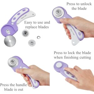 45mm Rotary Cutter for Fabric, Ergonomic Handle Rolling Cutter with Safety Lock for Fabric Leather Crafting Sewing Quilting, Fabric Cutter Wheel Perfect for Left & Right Hand (Purple)