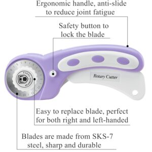 45mm Rotary Cutter for Fabric, Ergonomic Handle Rolling Cutter with Safety Lock for Fabric Leather Crafting Sewing Quilting, Fabric Cutter Wheel Perfect for Left & Right Hand (Purple)