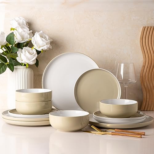 GBHOME Ceramic Dinnerware Sets, 12 Pieces Emerald Green Stoneware Dinner Set, Plates and Bowls Sets, Dishwasher & Microwave Safe | Service for 4