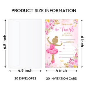 YUEXLL Dance and Twirl Birthday Party Invitations Cards with Envelopes, Gold Ballet Dance Party Invitations, Birthday Celebration Supplies, Double-sided Fill-in bday Invites for Boys Girls- A23