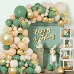 Sage Green Baby Shower Decorations for Boy or Girl - 136pcs Baby Shower Decor, Baby Shower Balloon Boxes with Green Gold Balloon Arch Garland Kit, Safari Jungle Baby Shower, Gender Reveal, Boy Girl