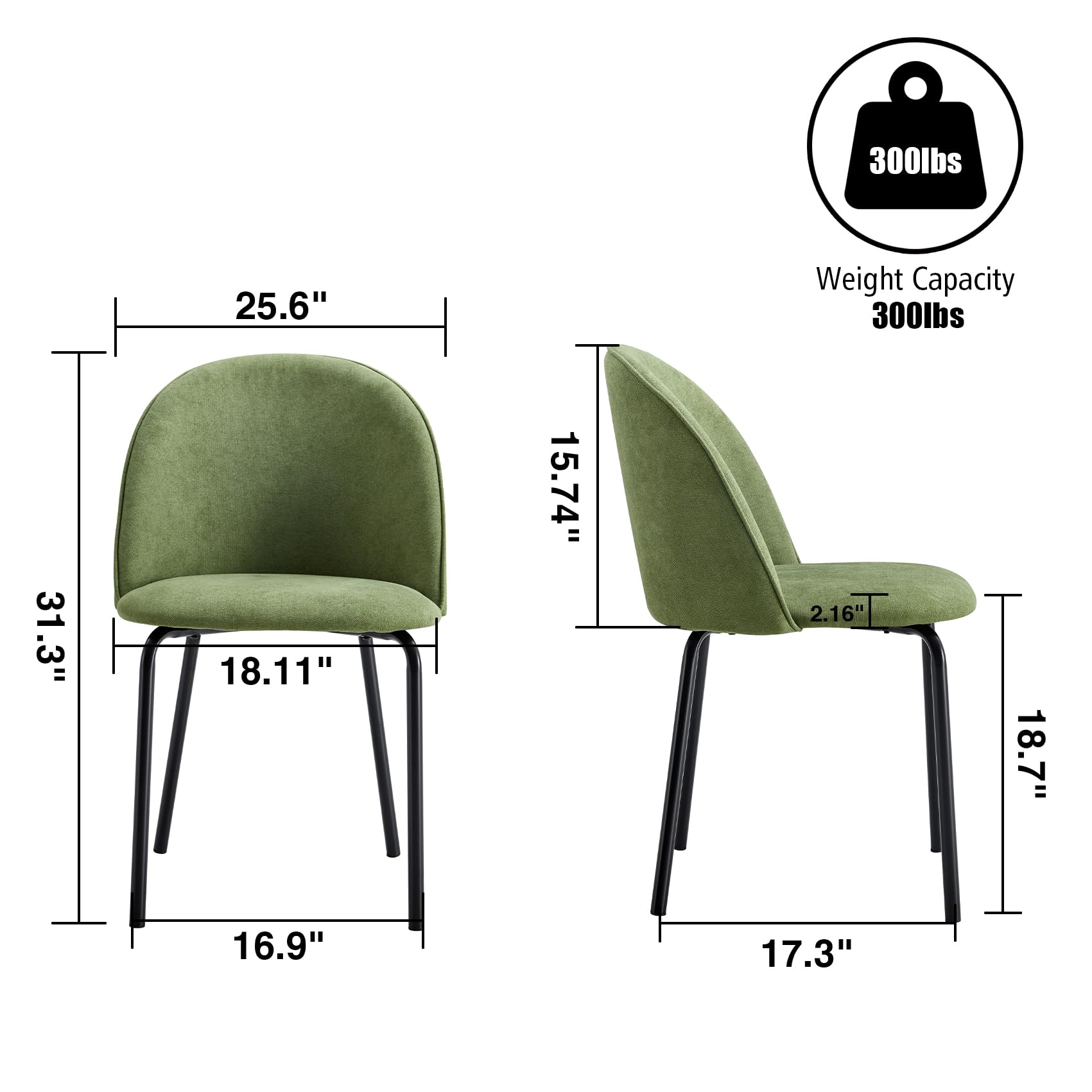 ATSNOW Green Upholstered Armless Dining Chairs Black Metal Legs, Mid Century Modern Accent Side Chairs for Living Room Vanity Set of 2