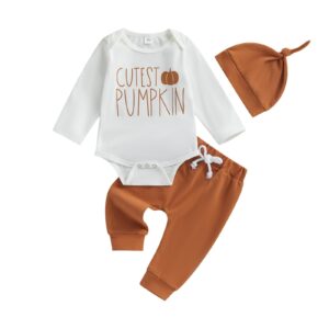 Lamuusaa Newborn Baby Boy Halloween Outfit Cutest Pumpkin Long Sleeve Romper Shirts Long Pants Hat Halloween Clothes