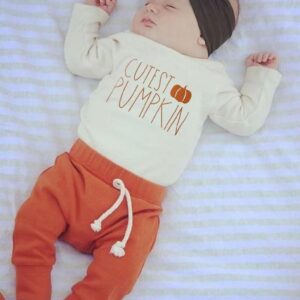 Lamuusaa Newborn Baby Boy Halloween Outfit Cutest Pumpkin Long Sleeve Romper Shirts Long Pants Hat Halloween Clothes