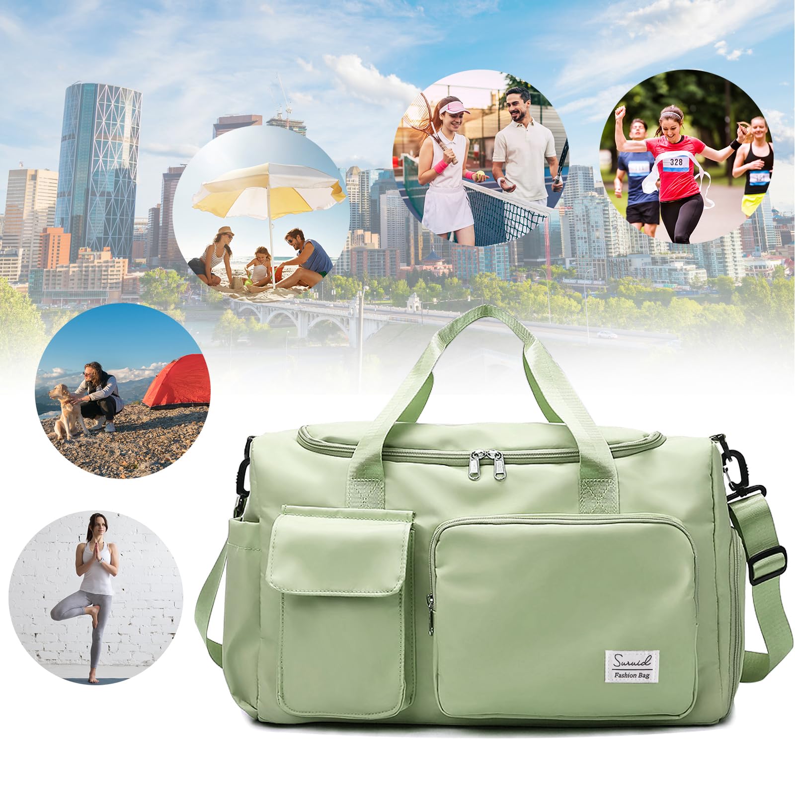 Suruid Travel Duffel Bag with Shoes Compartment Sports Gym Bag with Dry Wet Separated Pocket for Men and Women, Overnight Bag Weekender Bag Training Handbag Yoga Bag - Green