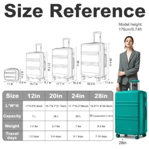 Kono 4 Piece Luggage Sets Expandable(only 28") Lightweight with Spinner Wheels TSA Lock Hardside Travel Rolling Suitcases 20in 24in 28in Carry on and 12in Mini Cosmetic Case Turquoise