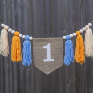 Burlap 1st Birthday Banner - First High Chair Garland, Boho 1st Birthday Decorations, 1st Birthday Face Tassel Banner, Boy Cake Smash Garland, Tassel Bunting, 1st Birthday Photo Booth Props