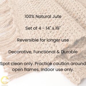 Comfy-co Handcrafted Jute Burlap Placemats Set of 4 - Farmhouse Reversible Placemats for Wedding Parties BBQ's Everyday Holidays - 100% Jute 14x19 inch Rustic Vintage Placemats Natural