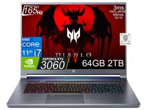 acer predator helios triton 500 se (16" qhd 165hz, intel 8-core i7-11800h, 64gb ram, 2tb ssd, geforce rtx 3060 6gb) 3-zone rgb backlit gaming laptop, webcam, fingerprint, win11 home, steel gray