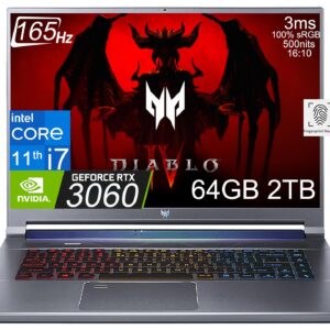 Acer Predator Helios Triton 500 SE (16" QHD 165Hz, Intel 8-Core i7-11800H, 64GB RAM, 2TB SSD, GeForce RTX 3060 6GB) 3-zone RGB Backlit Gaming Laptop, Webcam, Fingerprint, Win11 Home, Steel Gray