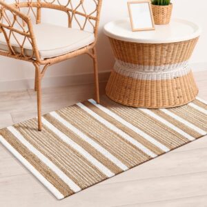 Comfy-co Area Rug 2x3 ft - Hand-woven Jute Cotton Area Rug Boho Farmhouse Rustic - Non Slip Floor Rug for Bedroom Living Room Kitchen Dorm Entryway Hallway - Area Rug Natural/White