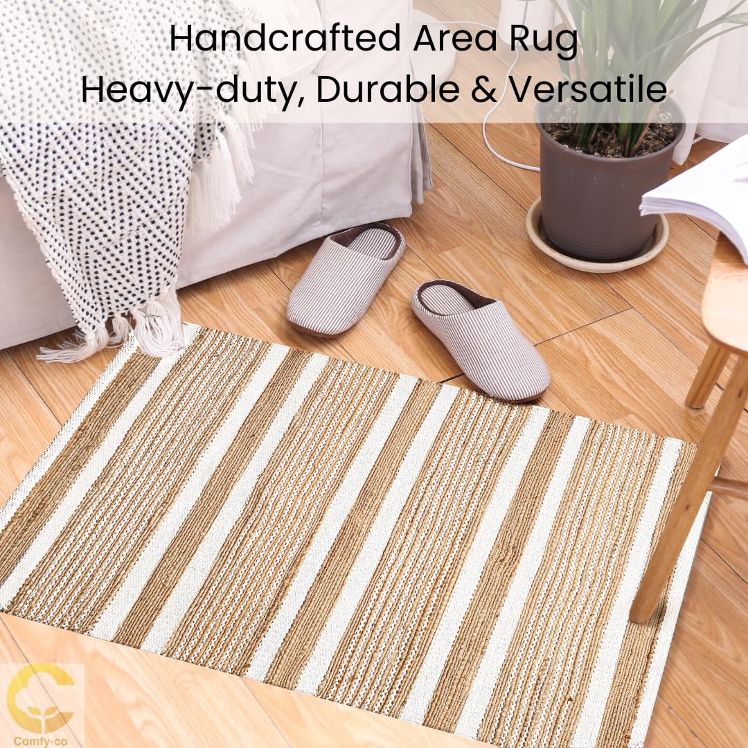 Comfy-co Area Rug 2x3 ft - Hand-woven Jute Cotton Area Rug Boho Farmhouse Rustic - Non Slip Floor Rug for Bedroom Living Room Kitchen Dorm Entryway Hallway - Area Rug Natural/White