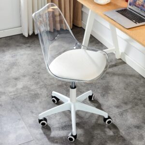 Btikita Clear Desk Chair with Pu Leather Soft Cushion, Home Office Chair with Wheels, Height Adjustable Armless Rolling Chair, Swivel Plastic Chair for Bedroom, Makeup, Living Room.