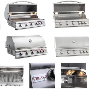 BLAZE BBQ Outdoor Gas Grill Package of 40” LTE Built-in Gas Grill, LTE Built-In Double Side Burner, 32” Door & Two Drawers Combo, Double Trash Drawer, 20” Compact Refrigerator, and Accessories