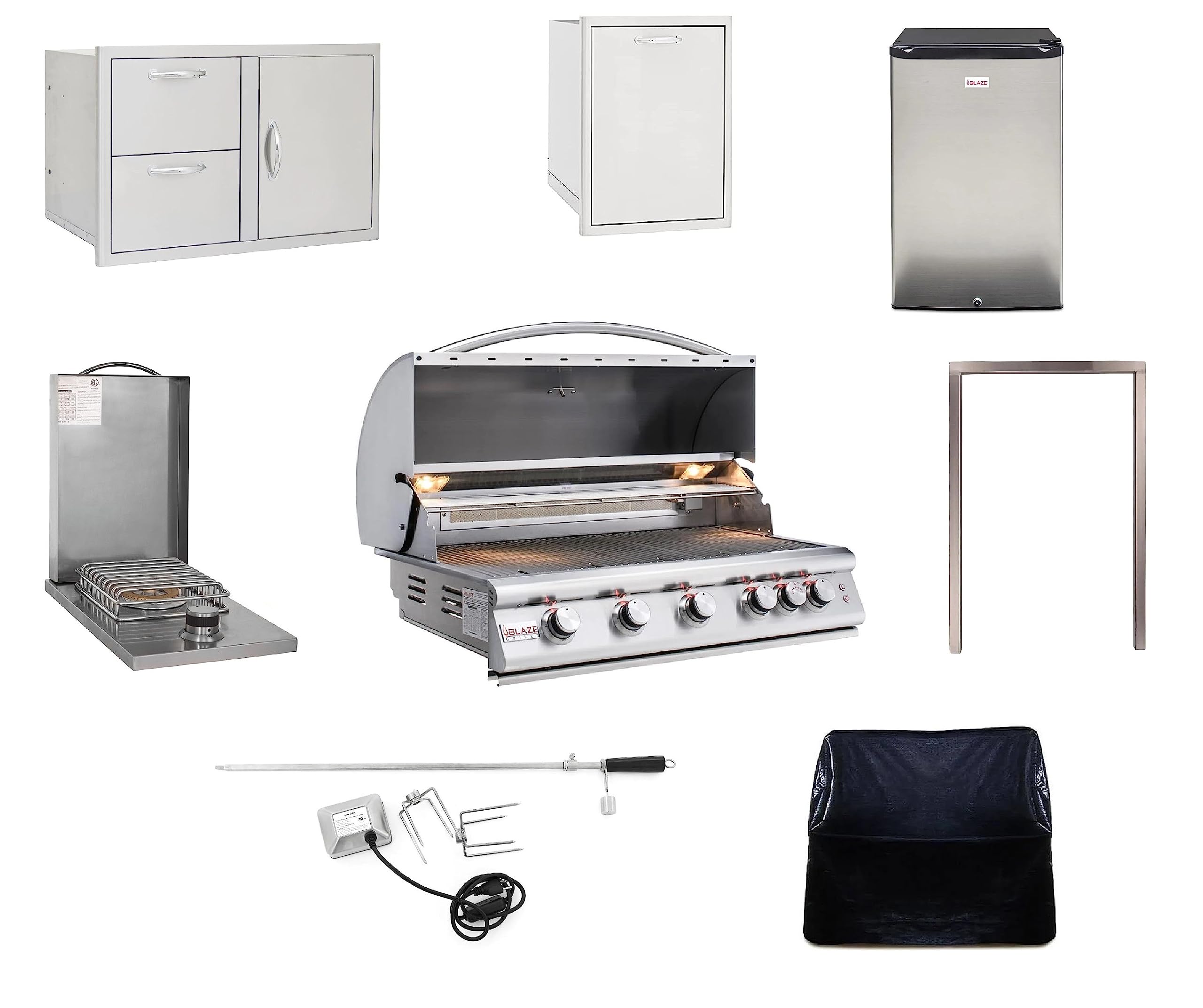 BLAZE BBQ Outdoor Gas Grill Package of 40” LTE Built-in Gas Grill, Dop-In Single Side Burner, 32” Door & Two Drawers Combo, Roll Out Double Trash Drawer, 20” Compact Refrigerator, and Accessories