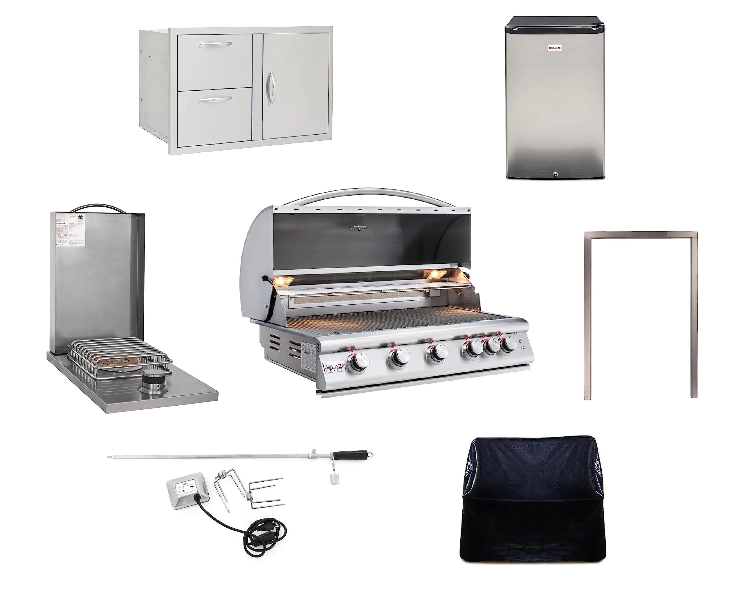 BLAZE BBQ Outdoor Package of 40” LTE Built-in Gas Grill, Dop-In Single Side Burner, 32” Door & Two Drawers Combo, Compact Refrigerator and Accessories (Grill Cover, Fridge Trim and Rotisserie Kit)