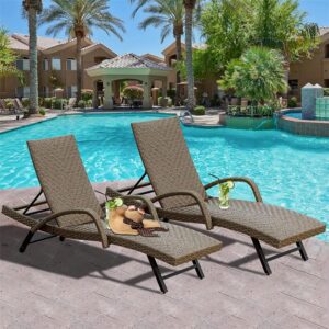 FATFISH Outdoor PE Wicker Chaise Lounge with Armrest- Set of 2 Patio Reclining Chair Furniture Set Beach Pool Adjustable Backrest Recliners Padded