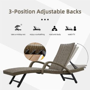 FATFISH Outdoor PE Wicker Chaise Lounge with Armrest- Set of 2 Patio Reclining Chair Furniture Set Beach Pool Adjustable Backrest Recliners Padded