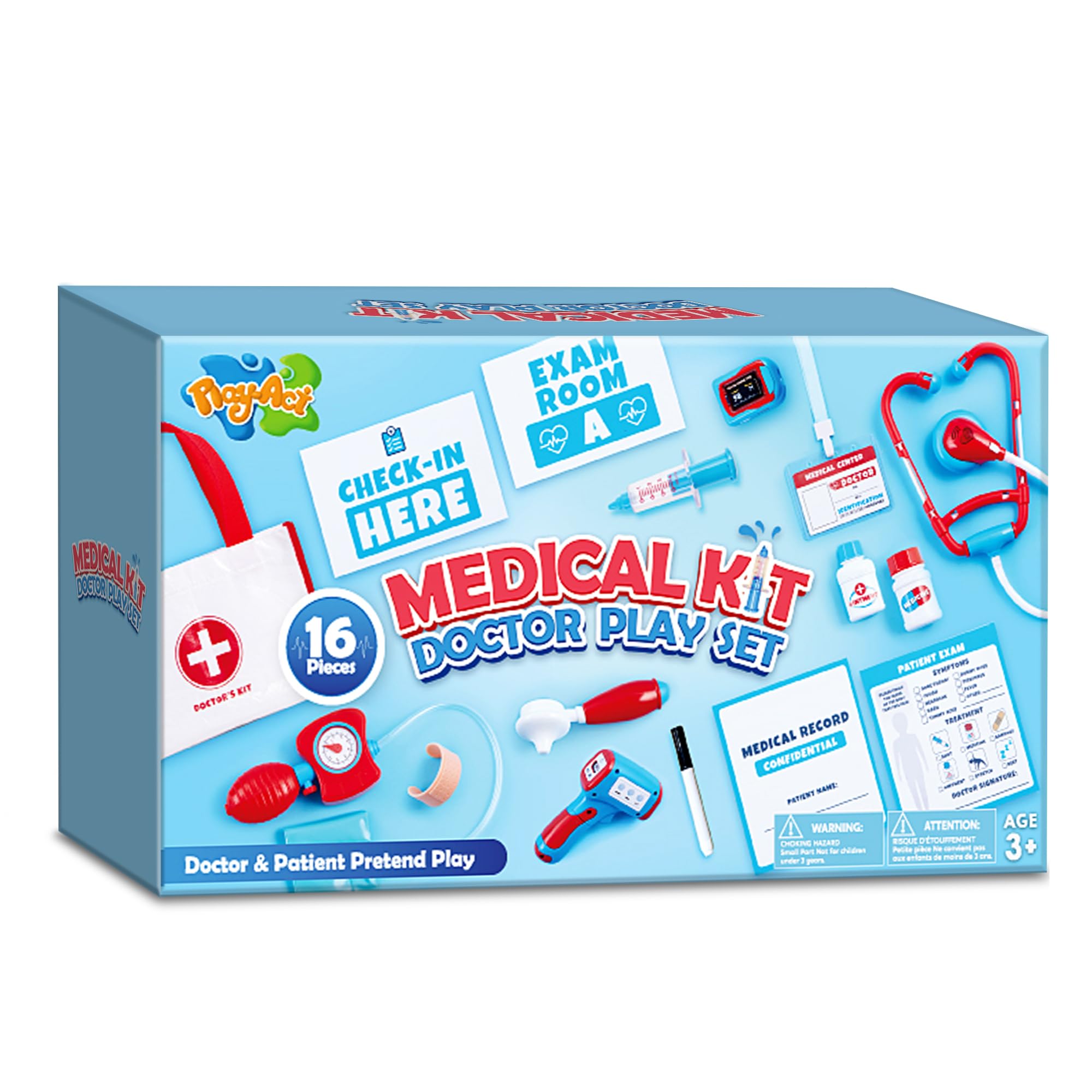 Play-Act Kids Doctor Kit,16-Piece Pretend Play Medical Kit with Bag,Doctor Role Play Set,Realistic Toy Stethoscope,Reusable Record Cards,Dress Up Doctor Playset for Toddlers Ages 3+