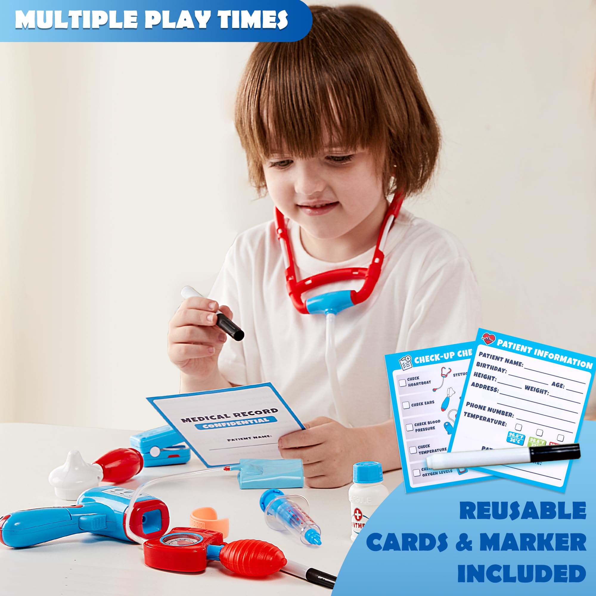 Play-Act Kids Doctor Kit,16-Piece Pretend Play Medical Kit with Bag,Doctor Role Play Set,Realistic Toy Stethoscope,Reusable Record Cards,Dress Up Doctor Playset for Toddlers Ages 3+