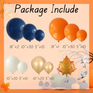 149PCS Fall Balloons Arch Garland Kit, Navy Blue Orange Metallic Gold Ivory White Latex Balloons Maple Leaf Foil Balloons for Thanksgiving Autumn Friendsgiving Birthday Baby Shower Party Decorations