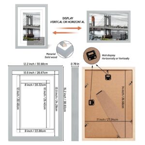 UHFWIFR 11x14 Picture Frames Solid Wood Display Pictures 9x12 or 8x10 with Mat or 11x14 Frame without Mat Poster Photo Frame Art with 2 Mats for Wall Mounting or Table Top(Gray)