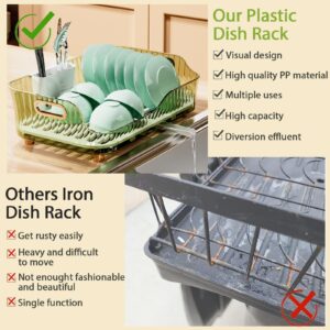 UIFER Dish Drying Rack, Dish Drainers for Kitchen Counter, Small Dish Drying Rack with Drainboard and Utensil Holder, Compact Dish Drying Rack Easy to Use (Green, Countertop)