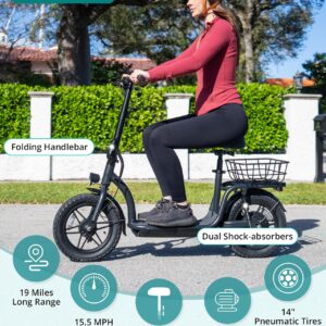 Gotrax Astro Electric Scooter with Seat for Adult Commuter,19 Miles Range&15.5Mph Power by 350W Motor, Folding Scooter with 14" Pneumatic Tire& Comfortable Wider Deck, E-Bike with Carry Basket Black