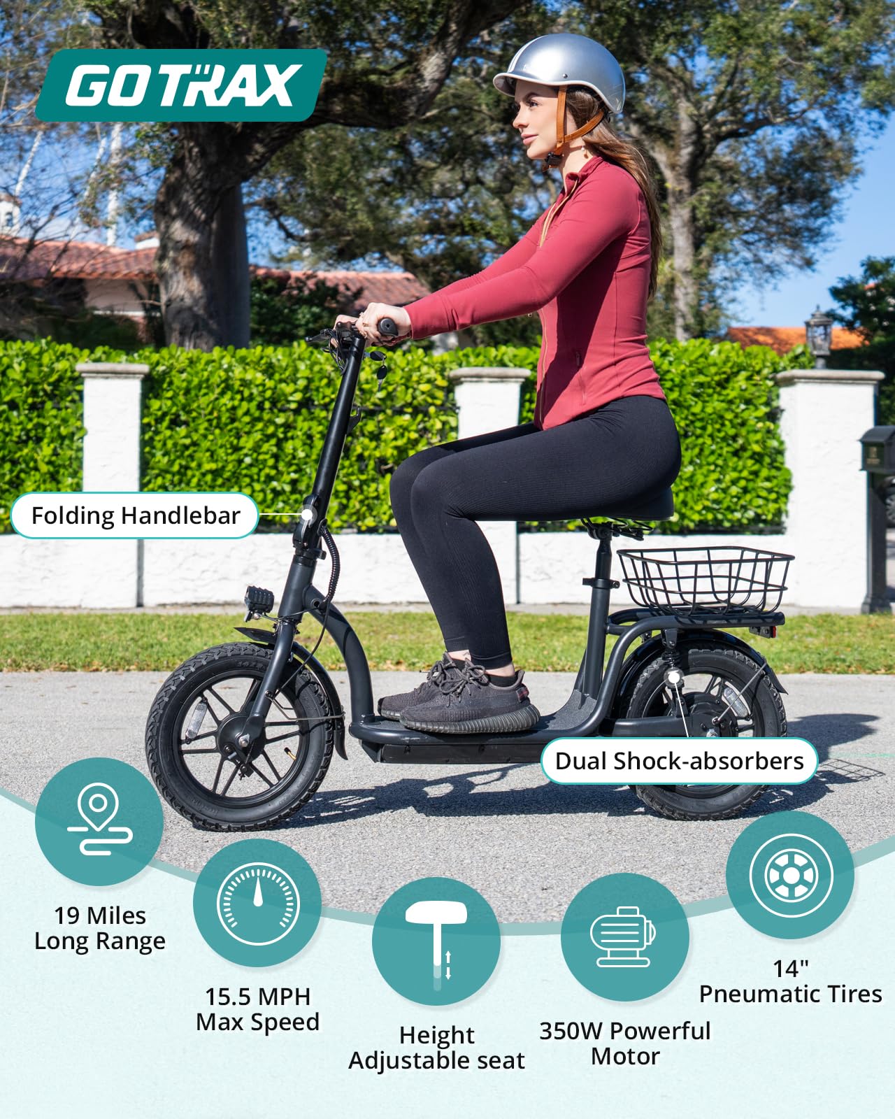 Gotrax Astro Electric Scooter with Seat for Adult Commuter,19 Miles Range&15.5Mph Power by 350W Motor, Folding Scooter with 14" Pneumatic Tire& Comfortable Wider Deck, E-Bike with Carry Basket Black