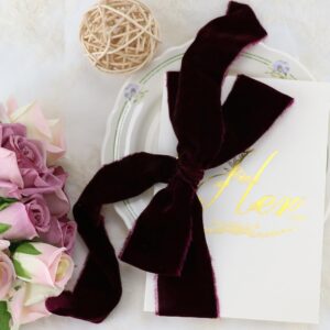 MAYREEL Burgundy Velvet Ribbon 2 Inch x 3 Yards Frayed Edge Silk Velvet Ribbon Hand Torn Maroon Ribbon with Raw Edge for Bridal Bouquet, Invitations, Wedding, Vow Books, Gift Basket, Hair Bows