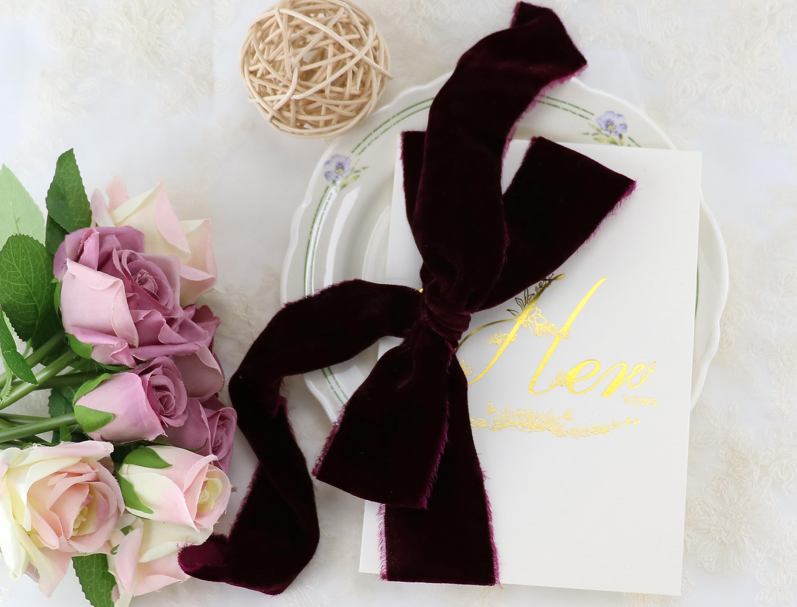 MAYREEL Burgundy Velvet Ribbon 2 Inch x 3 Yards Frayed Edge Silk Velvet Ribbon Hand Torn Maroon Ribbon with Raw Edge for Bridal Bouquet, Invitations, Wedding, Vow Books, Gift Basket, Hair Bows