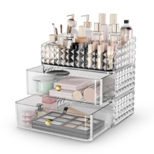 rosoenvi makeup organizer for vanity, stackable cosmetics organizer and storage, cosmetic display cases with 2 drawers and 1 tray for makeup brush, hair accessories, lipstick and jewelry, clear