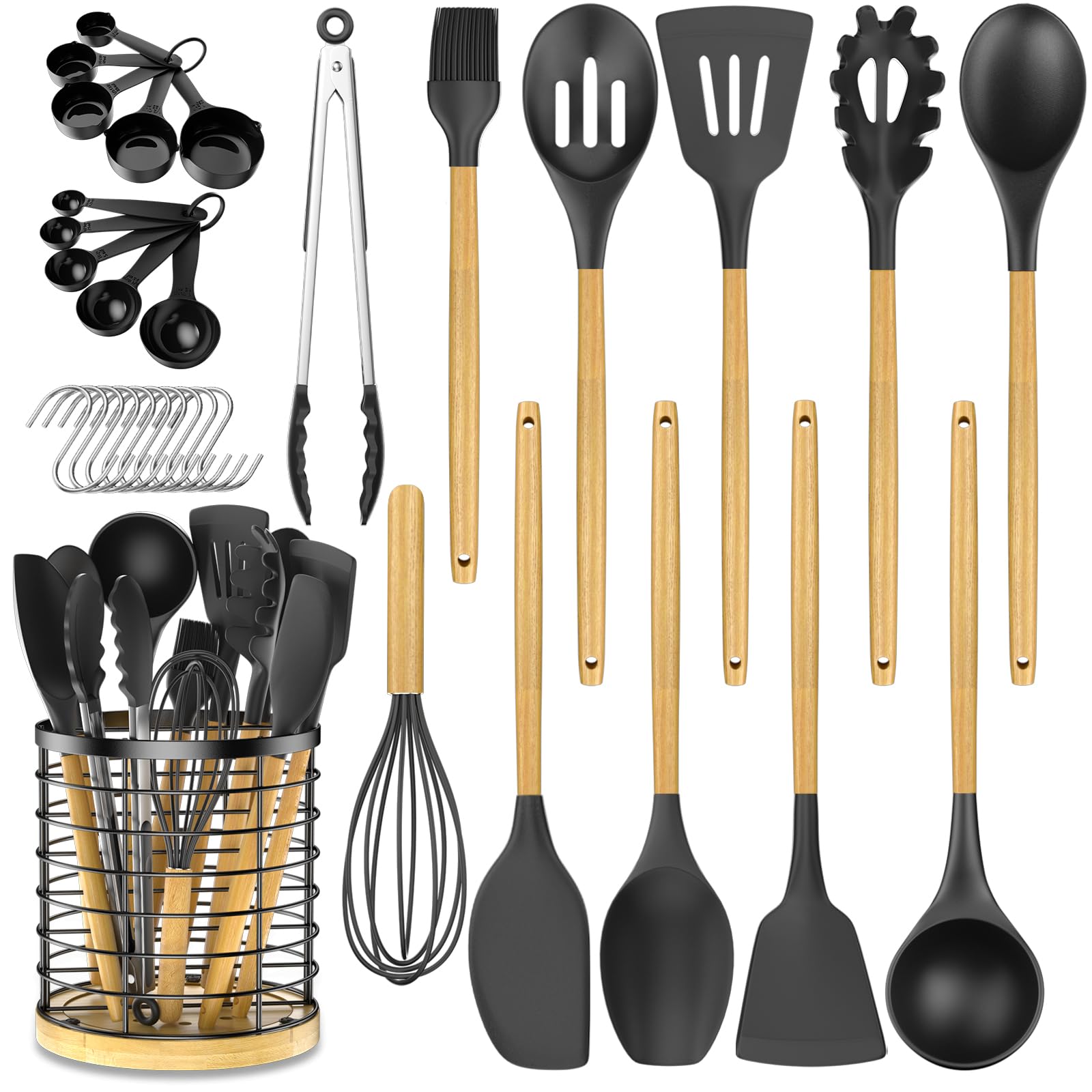 ebeau Cooking Utensils Set with Holder - 32 Pcs Silicone Kitchen Utensils Set - Non-Stick Silicone Spatula Set, BPA Free Wooden Handle Silicone Gadget Set+Utensil Holder